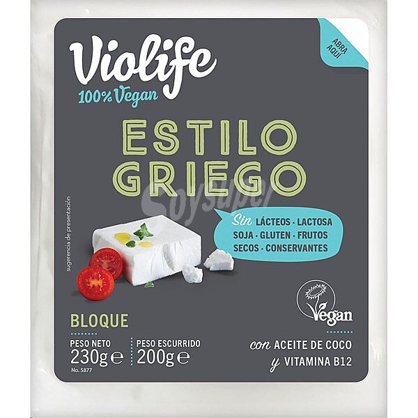 Bloque vegano estilo griego sin gluten y sin lactosa