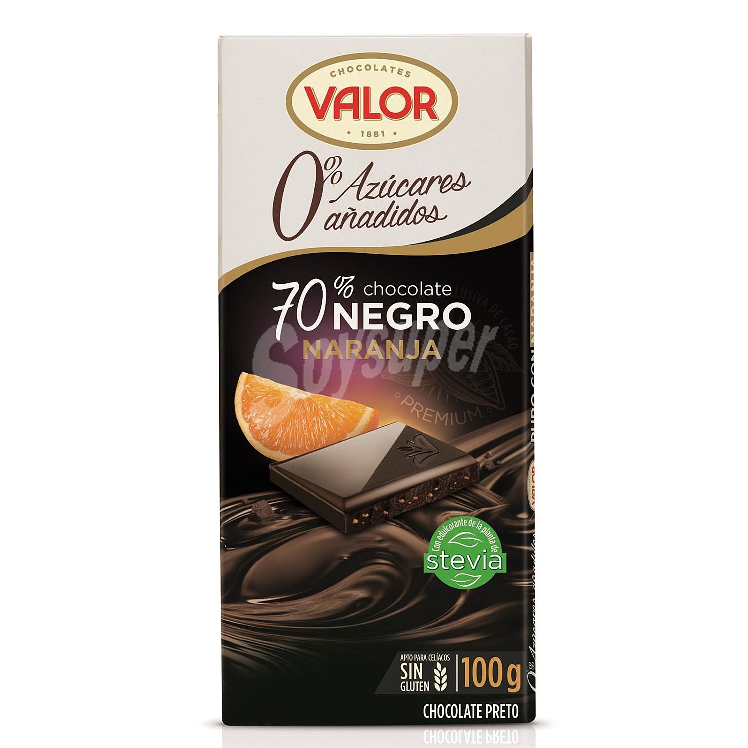 Chocolate negro 70% sin azucares añadidos, naranja 100 valor