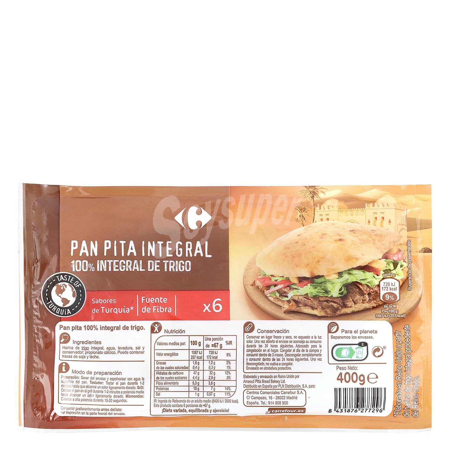 Pan de pita integral Carrefour sin lactosa