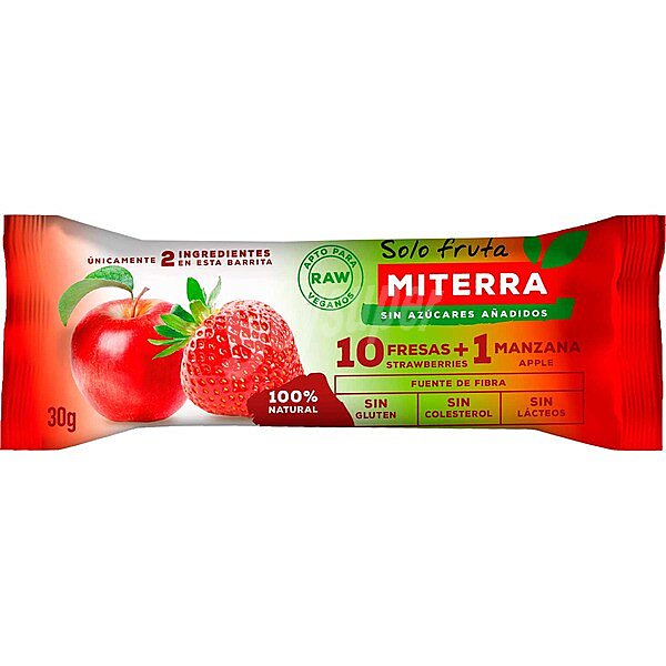 Barrita de fresas y manzana sin gluten sin lácteos y sin azúcares añadidos