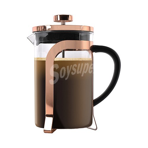 Cafetera de émbolo de vidrio borosilicato con acabados color cobre, , menaje