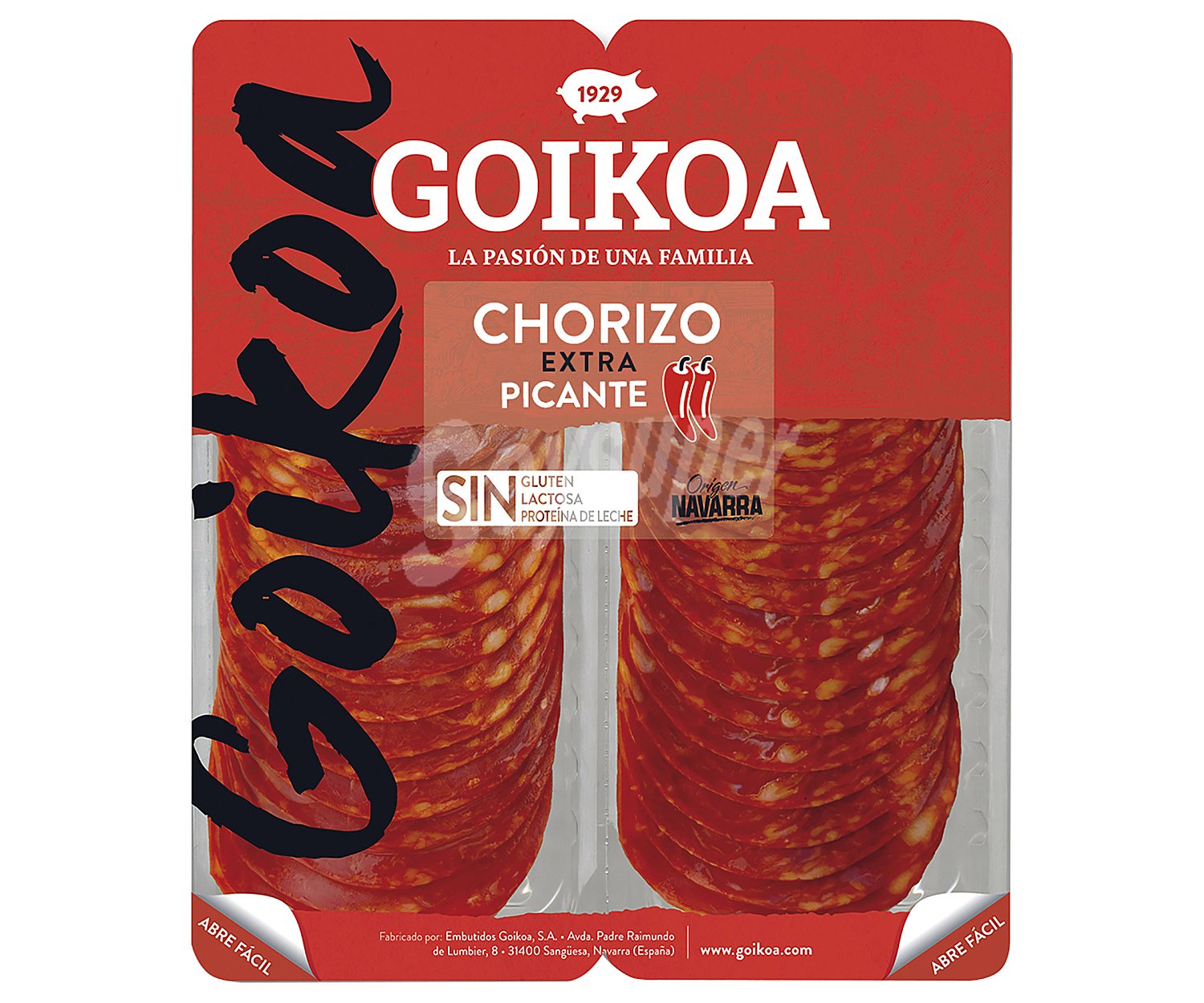 Chorizo picante de categoria extra, origen Navarra, cortado en finas lonchas