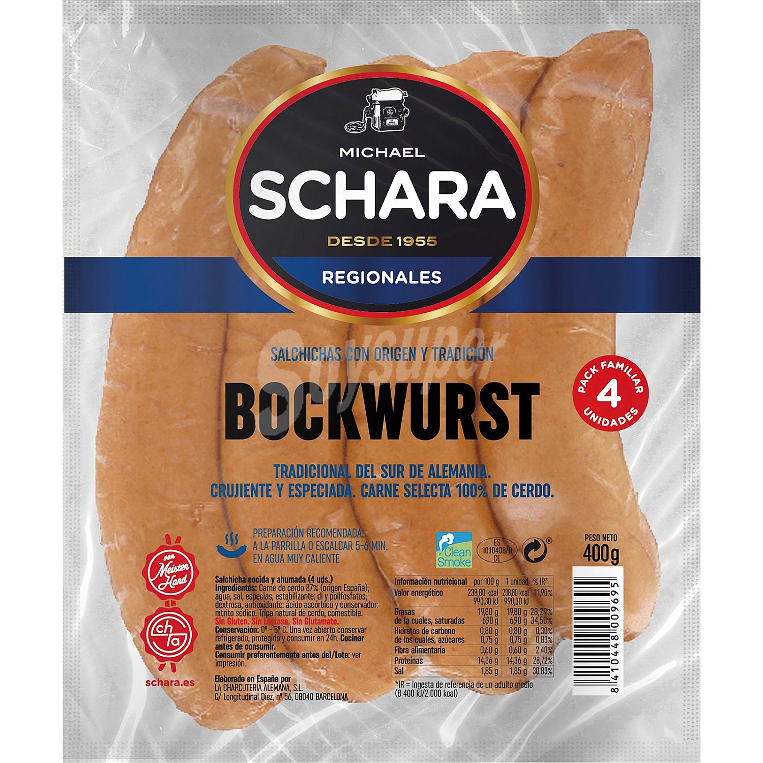 Salchichas Bockwurst cocidas y ahumadas de cerdo en tripa natural especiadas con pimentón sin gluten sin lactosa 4 piezas