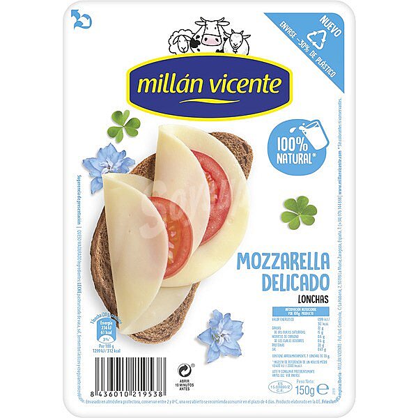 Queso mozzarella 100% natural en lonchas envase 150 g