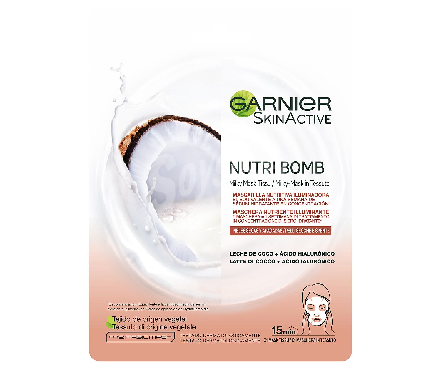 Garnier Mascarilla de tela Hydra Bomb, nutritiva e iluminadora, con leche de coco y ácido hialurónico garnier Skin active