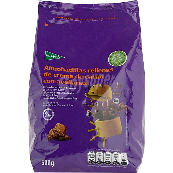 Cereales de desayuno en almohadillas rellenas de crema de cacao con avellanas sin gluten