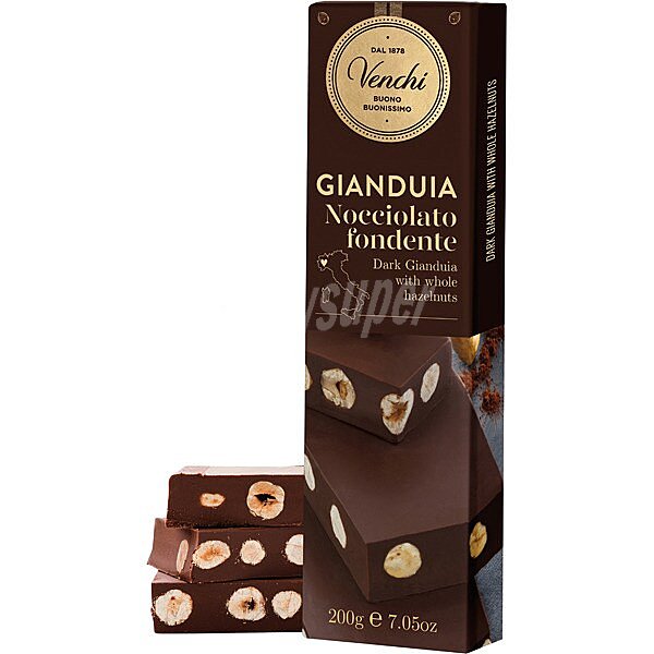 Barra de chocolate gianduja fondente negra con avellanas