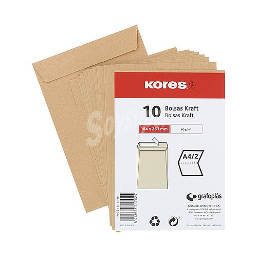 Paquete de de papel Kraft de tamaño 184 x 261 mm, peso de 80 g/m² y de color marrón kores