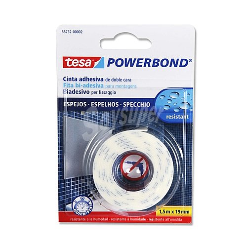 1.5m. de cinta adhesiva de doble cara especial para espejos, 19mm., color blanco tesa Powerbond