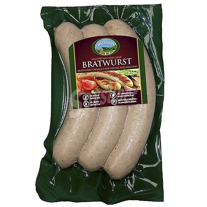 Salchichas Bratwurst cocidas de cerdo en tripa natural para asar 3 piezas sin gluten sin lactosa