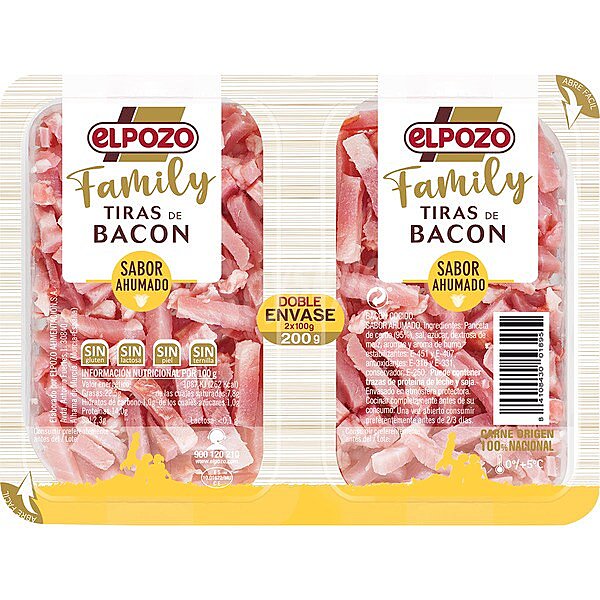 Family tiras de bacon sabor ahumado sin gluten sin lactosa pack 2 x 100 G