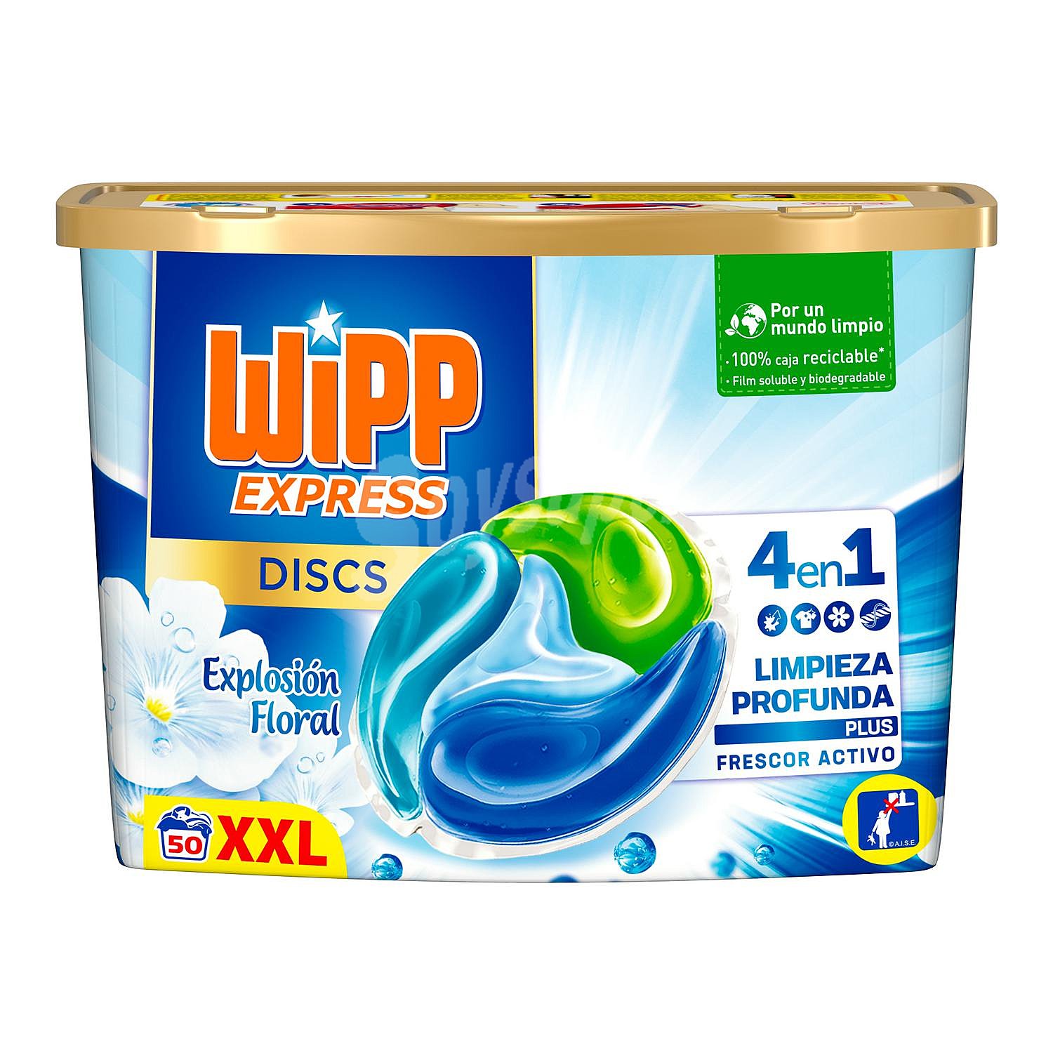 Detergente en cápsulas 4 en 1 limpieza profunda plus frescor activo explosión floral Discs Wipp Express