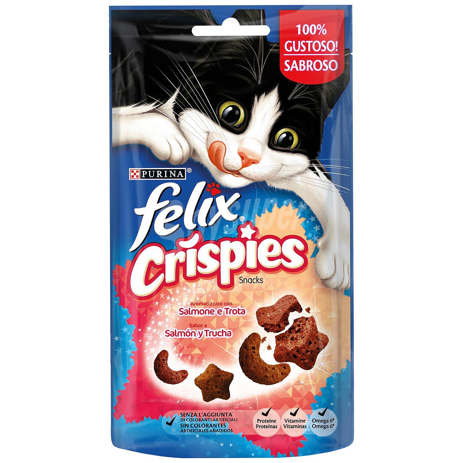 Snack Crispies para gatos adultos salmón y trucha