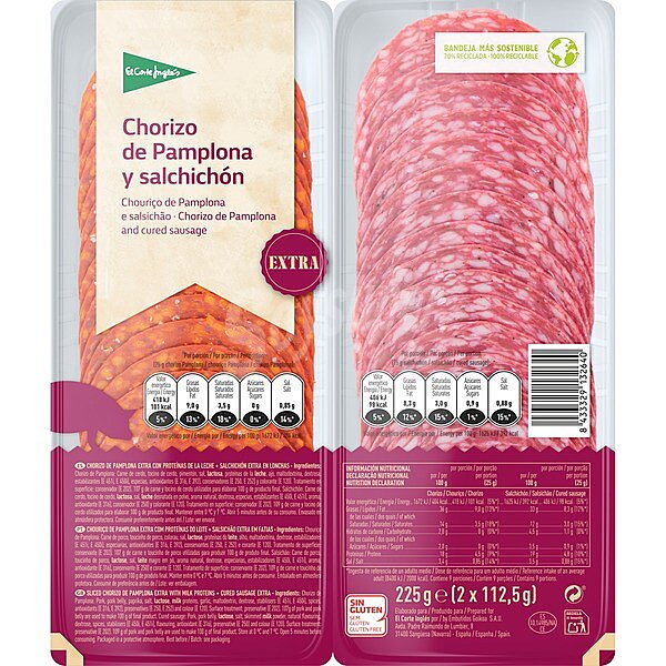 Chorizo de Pamplona + salchichón en lonchas envase 225 g