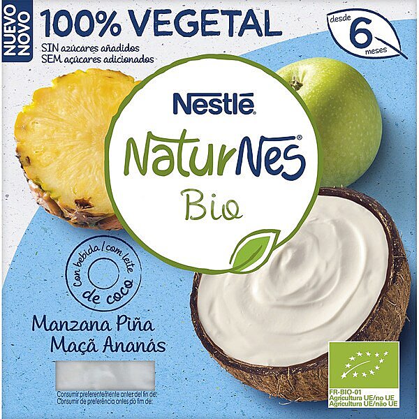 Postre con leche de coco, manzana y piña ecológico desde 6 meses pack 4x90 sin azúcares añadidos BIO