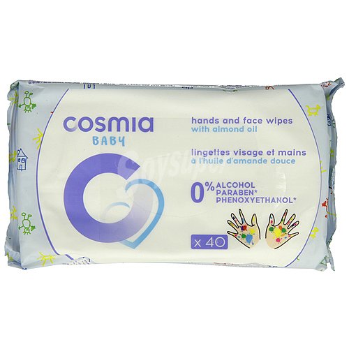 Cosmia baby Toallitas húmedas con aceite de almendras para la limpieza de manos y cara cosmia baby