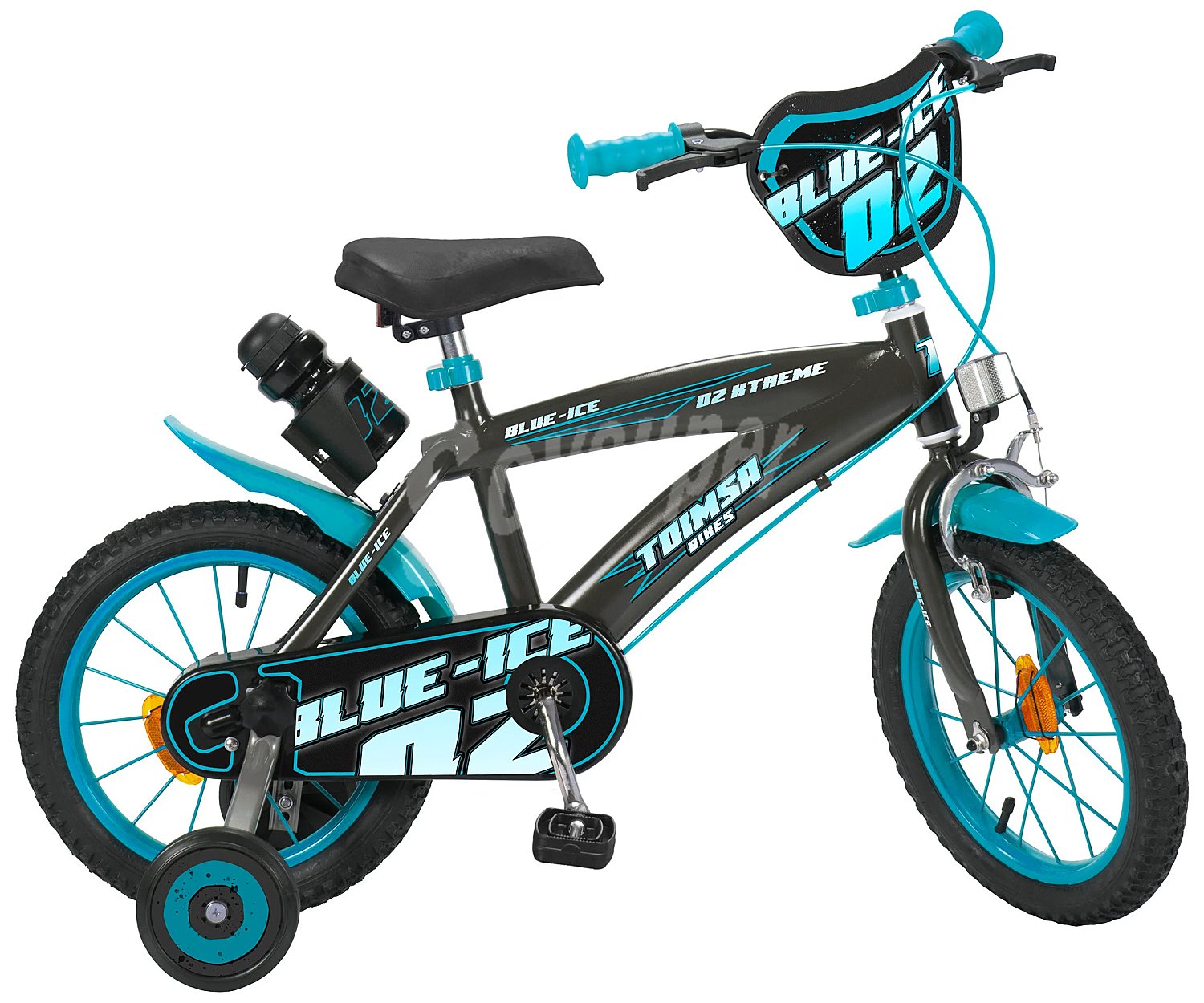 Bicicleta infantil de 16" (40,64cm.) con ruedines, bidón y guardabarros, color negro y azul, Blue Ice toimsa