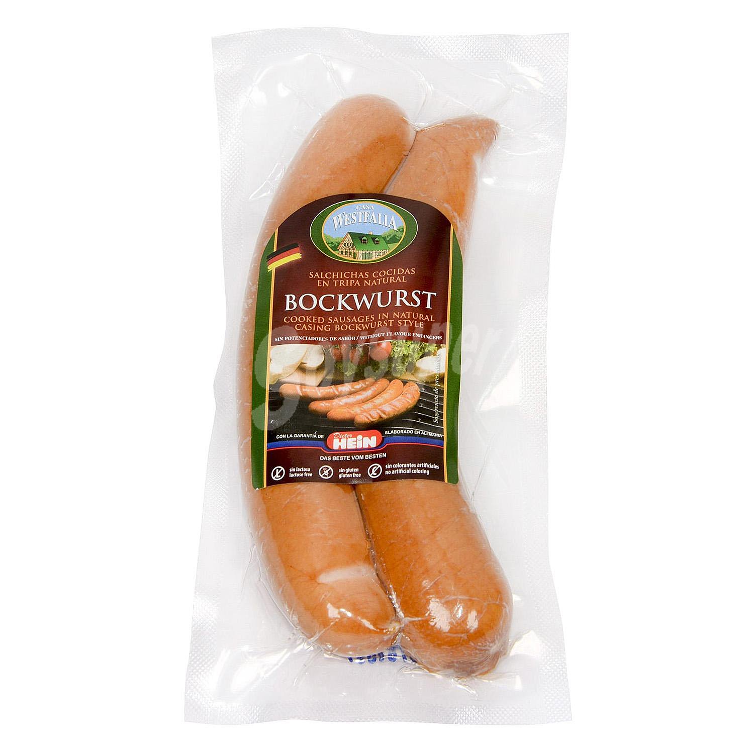 Salchichas Bockwurst cocidas de cerdo en tripa natural sin gluten sin lactosa 2 piezas