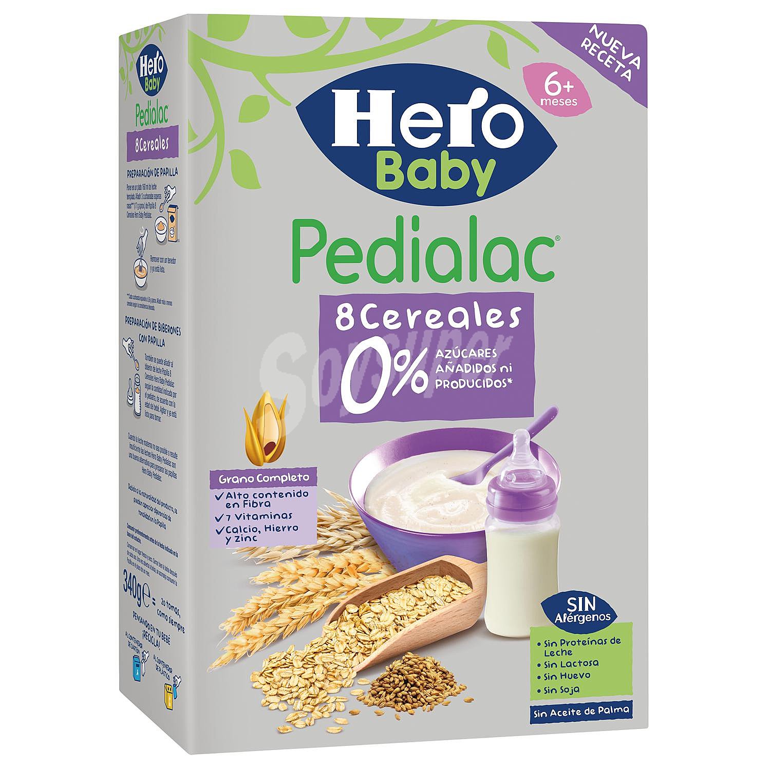 Papilla infantil desde 6 meses 8 cereales Hero Baby Pedialac sin lactosa sin aceite de palma