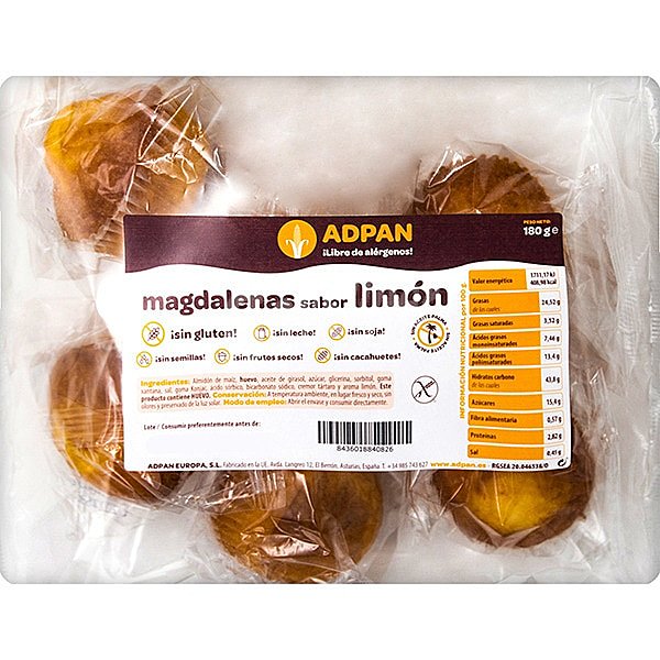 Magdalenas sabor limón sin gluten, sin leche y sin aceite de palma 6 unidades