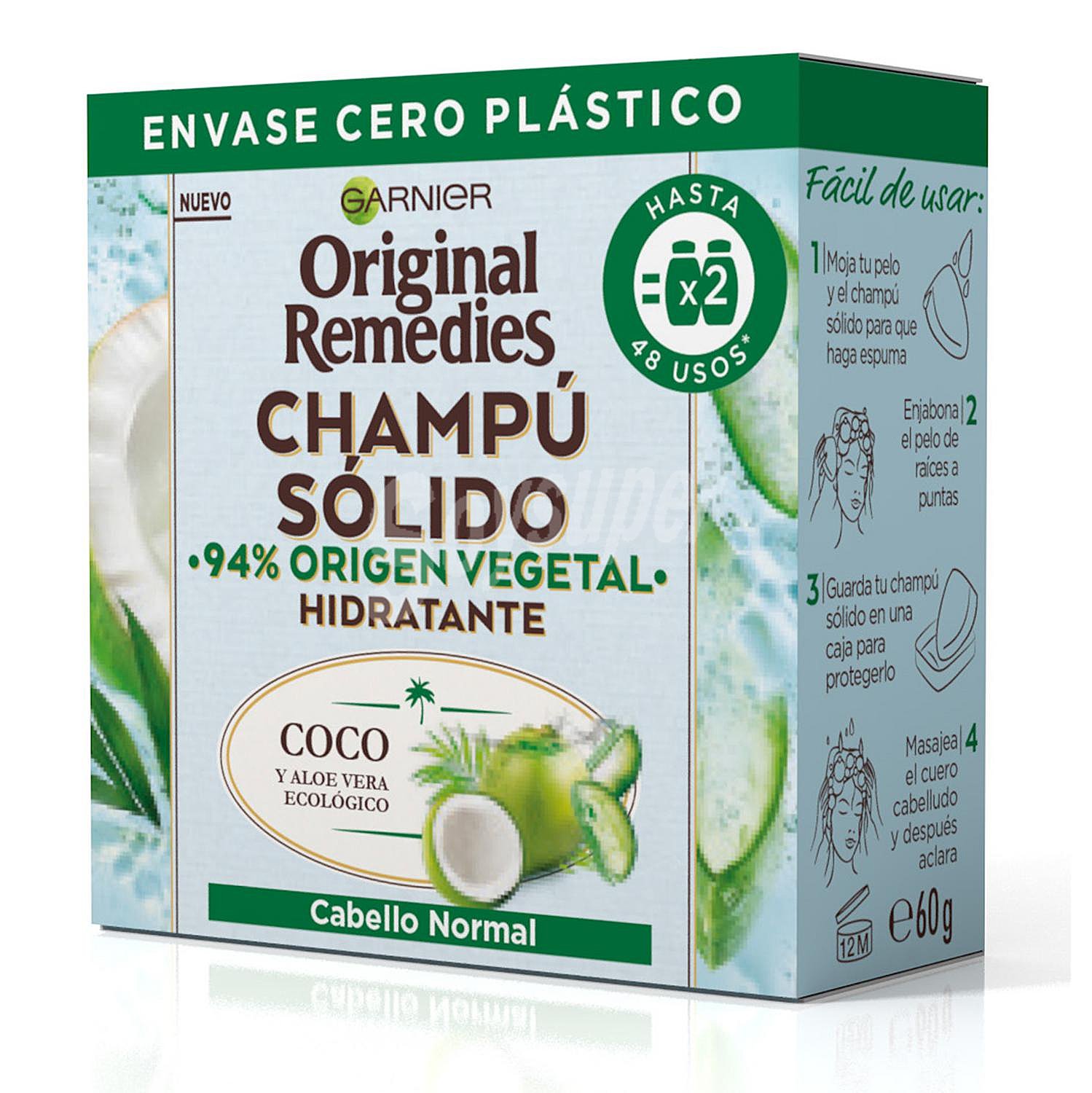 Champú sólido hidratante agua de Coco y Aloe Vera para cabello normal