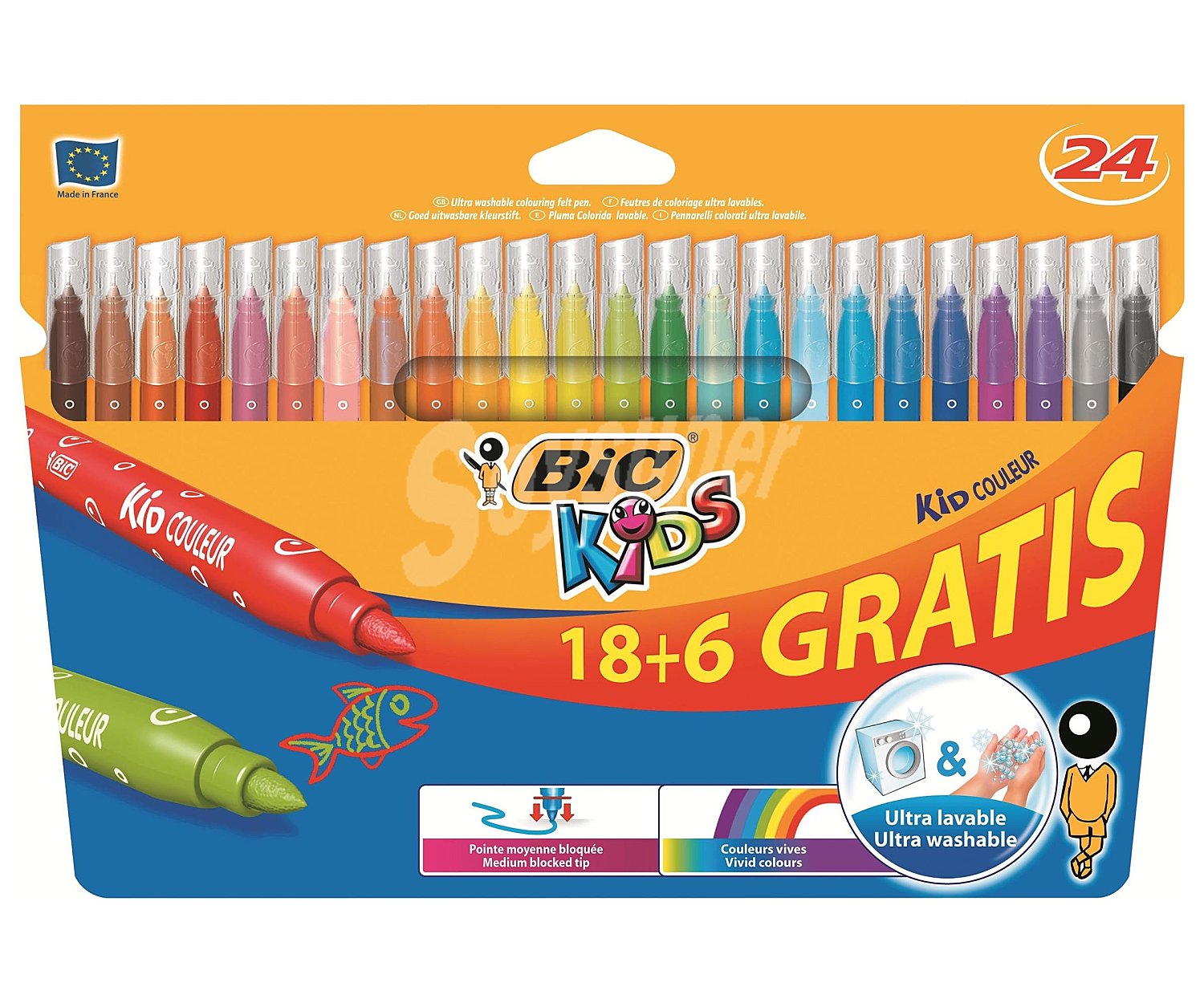 Caja con 24 rotuladores con punta media y tinta lavable de diferentes colores Kids Kids