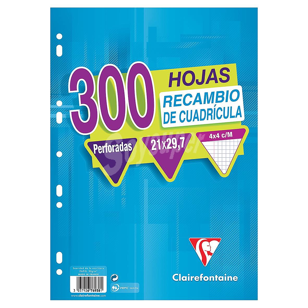 Recambio de 300 hojas cuadriculadas y perforadas, clairefontaine