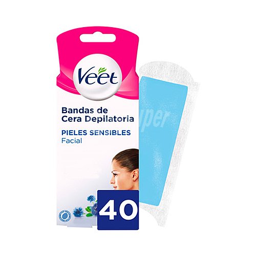 Veet Bandas de cera depilatoria facial para pieles sensibles 40 bandas