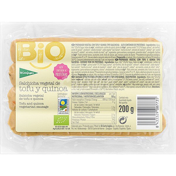 BIO salchicha vegetal de tofu y quinoa ecológica