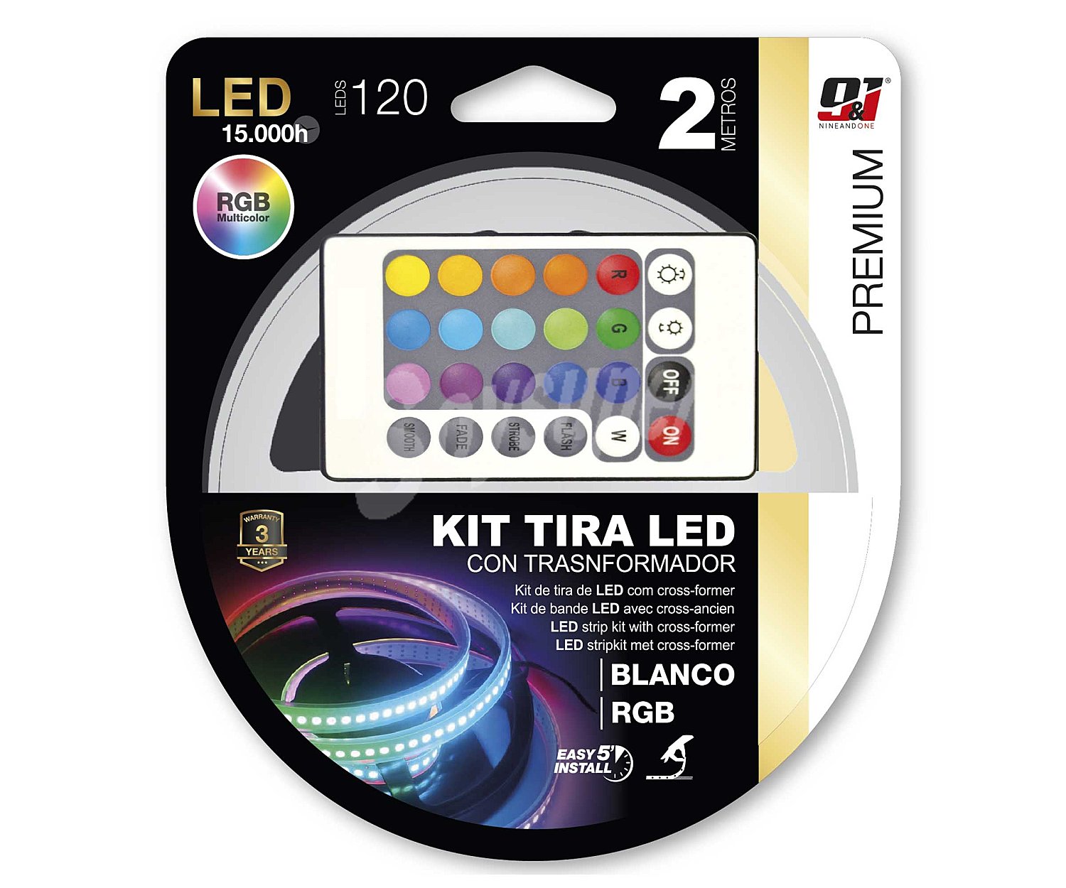 Kit de tira led rgb 2m c/ mando y transformador, nine&one.