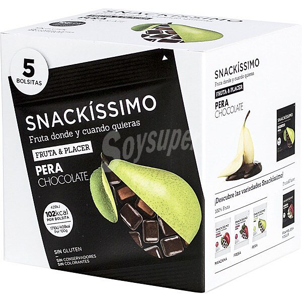 Snack 100% fruta bajo en calorías sin gluten sabor pera con chocolate 5 bolsitas caja 125 g