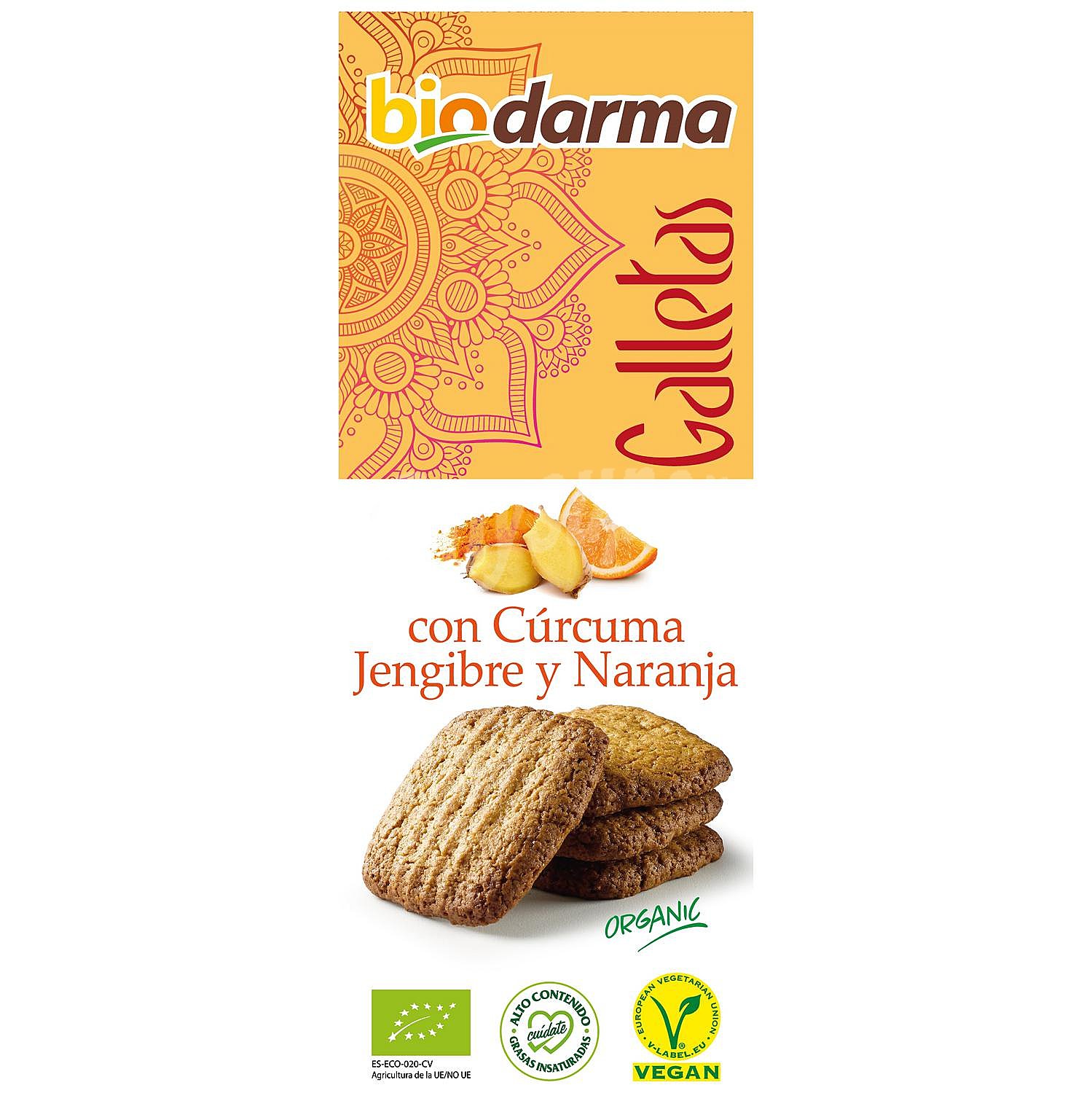 Galletas con cúrcuma, jengibre y naranja ecológicas Bio Darma sin lactosa