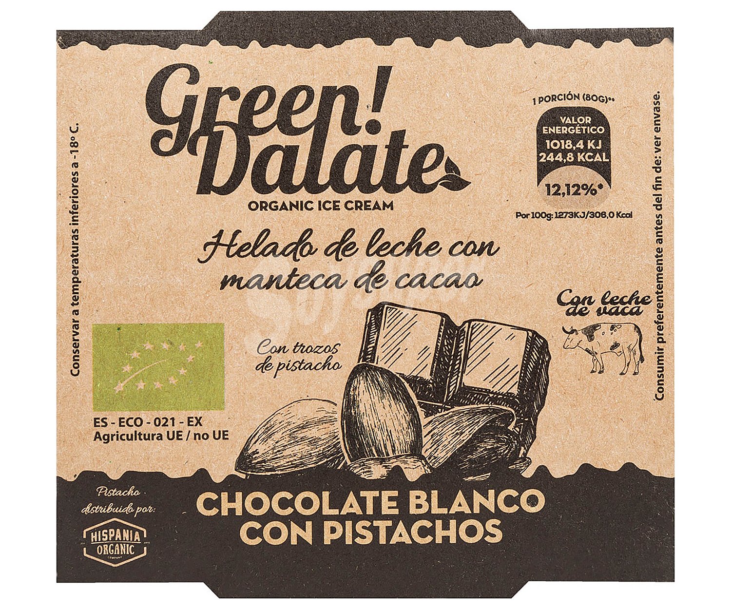 Green! dalate Tarrina de helado ecológico de leche de vaca con chocolate blanco y trozos de pistachos green! dalate