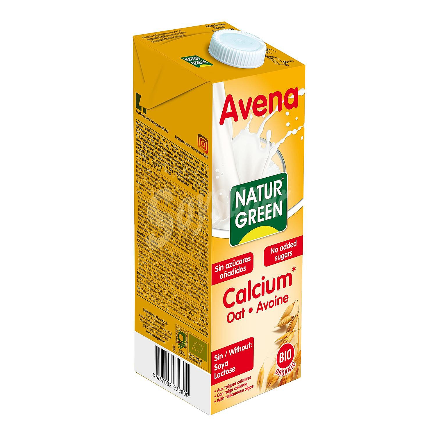 Calcium bebida de avena ecológica sin lactosa y sin azúcares añadidos