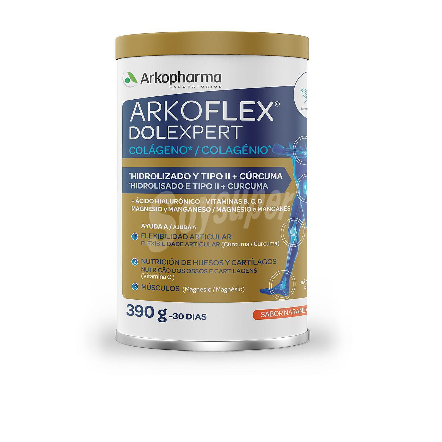 Complemento alimenticio a base de colágeno hidrolizado tipo II con sabor a naranja arkoflex