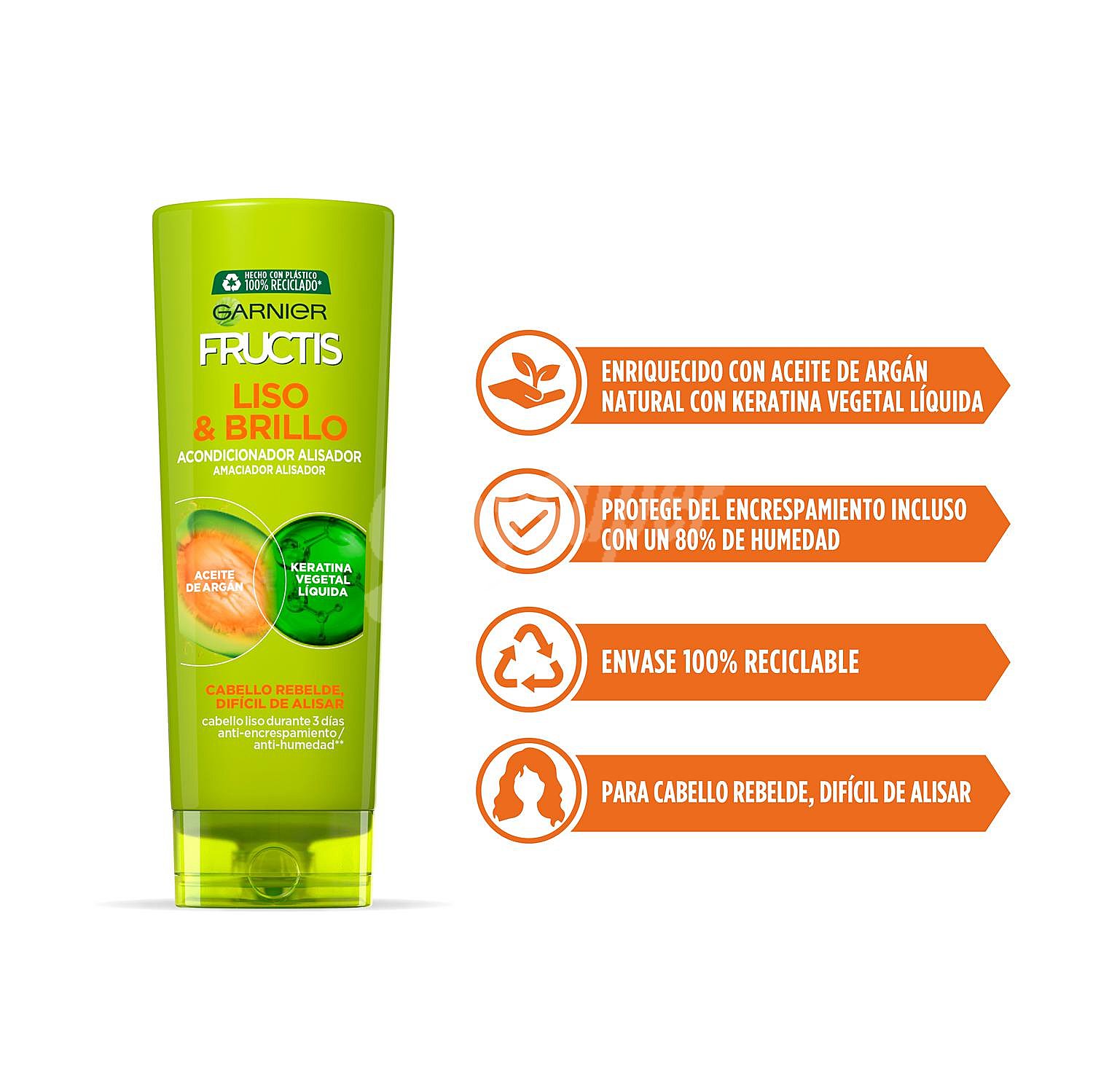 Acondicionador fortificante sin parabenos, para cabellos rebeldes o difíciles de alisar fructis Liso & brillo de Garnier