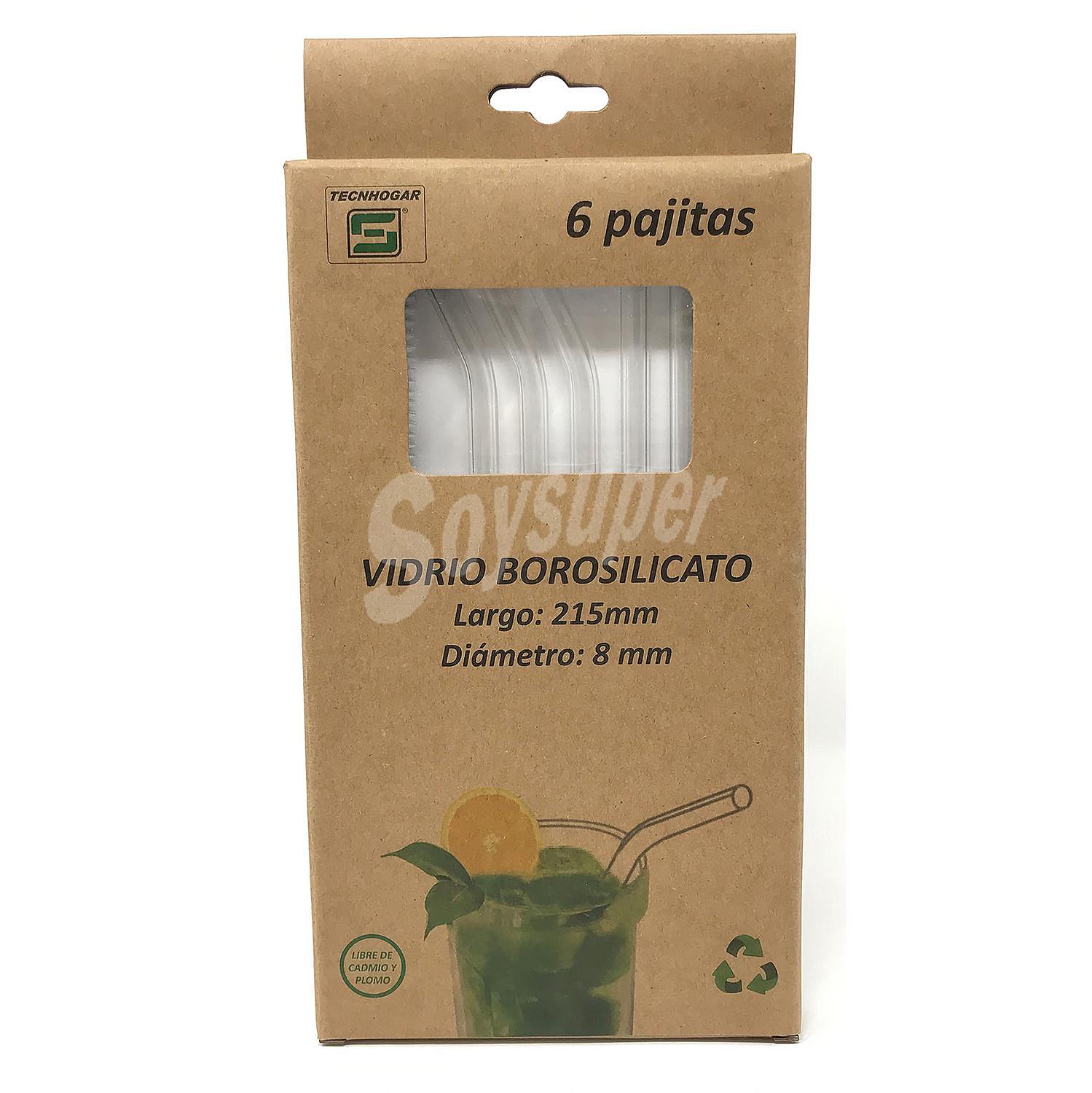 Pack Pajitas 3 Rectas y 3 Curvas Vidrio Borosilicato 8 mm más 2 Cepillo Limpiadores