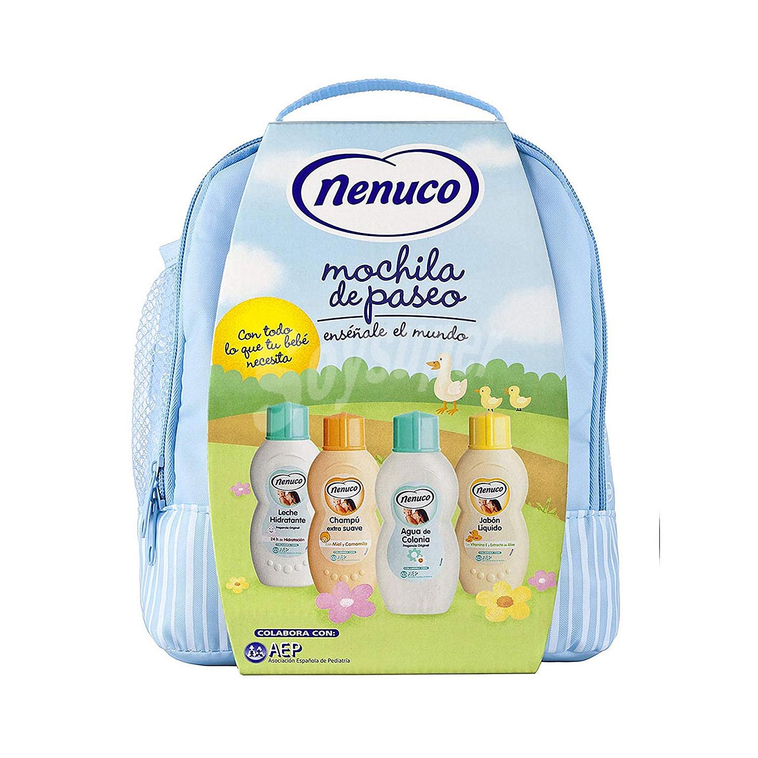 Mochila de paseo bebe azul Nenuco: Leche hidratante , colonia 200 ml, champú extra suevo 200 ml y gel de baño 200 ml