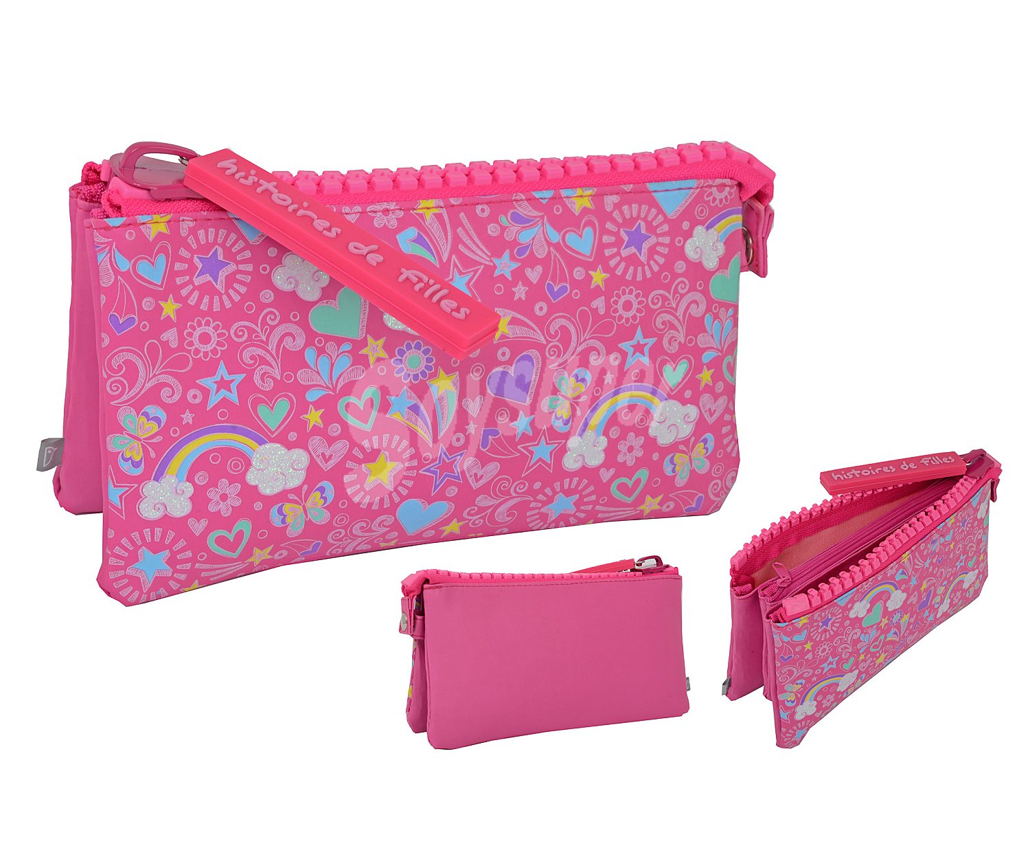 Estuche portatodo con 3 grandes compartimentos de color rosa y estampados alcampo