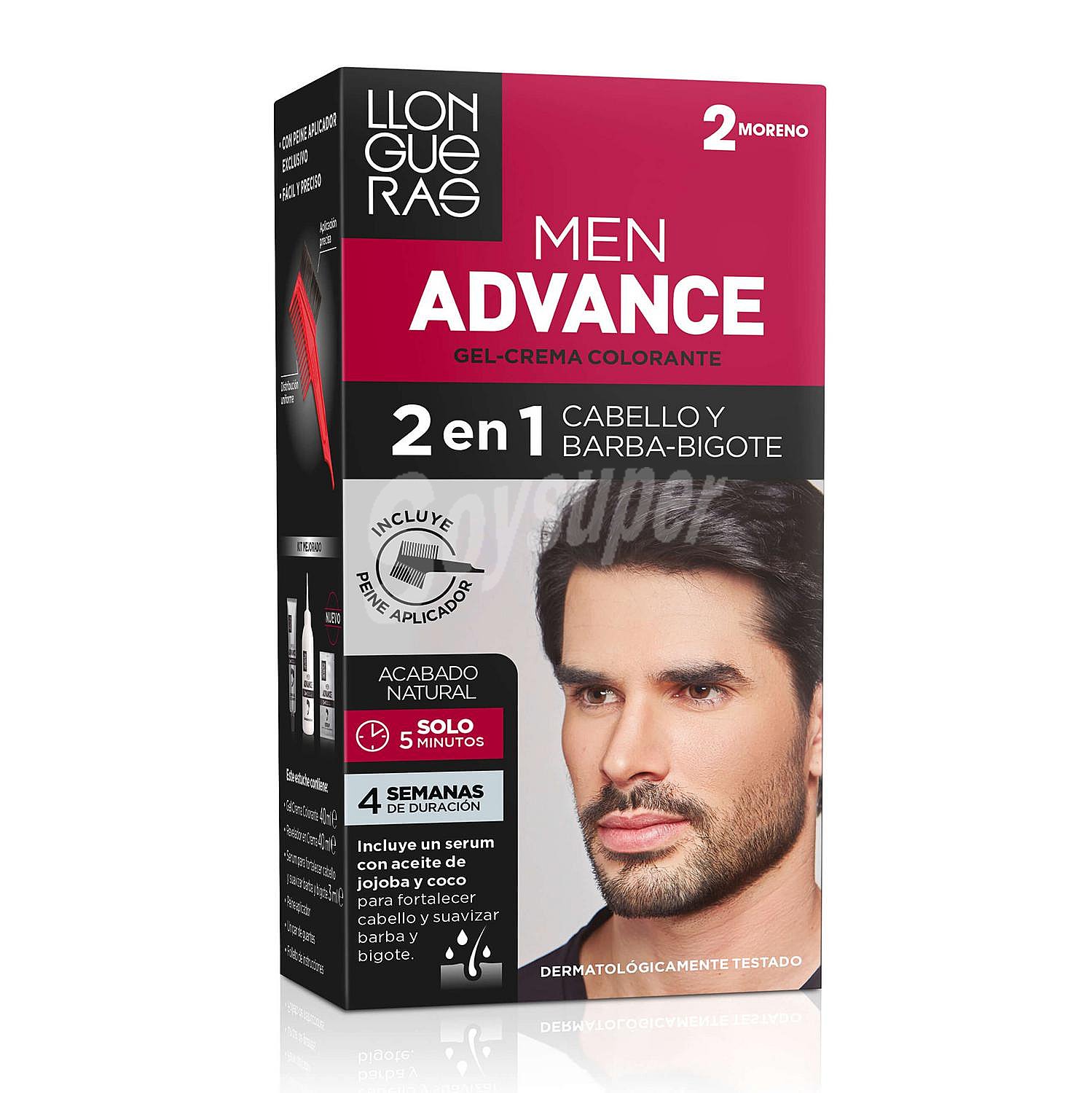 Tinte de cabello hombre 2 en 1 cabello, barba y bigote tono 2 moreno Llongueras Men Advance