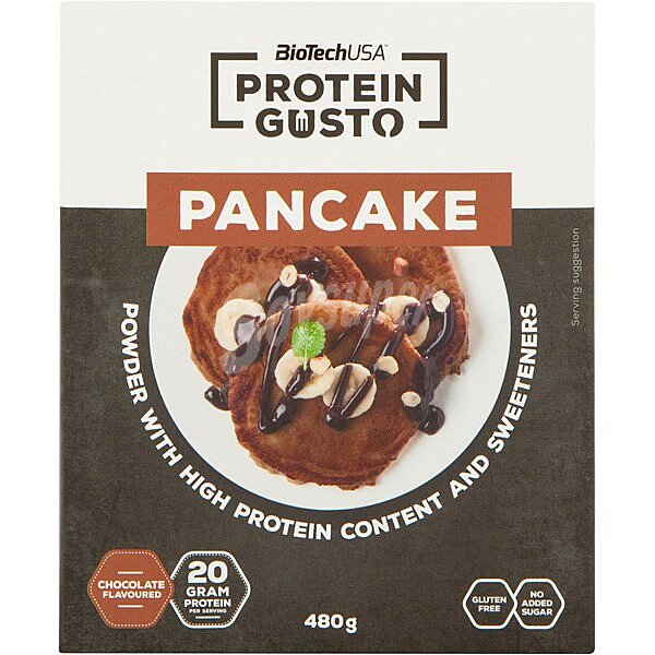 Protein Gusto panqueques con alto contenido de proteínas con edulcorantes sabor a chocolate sin gluten