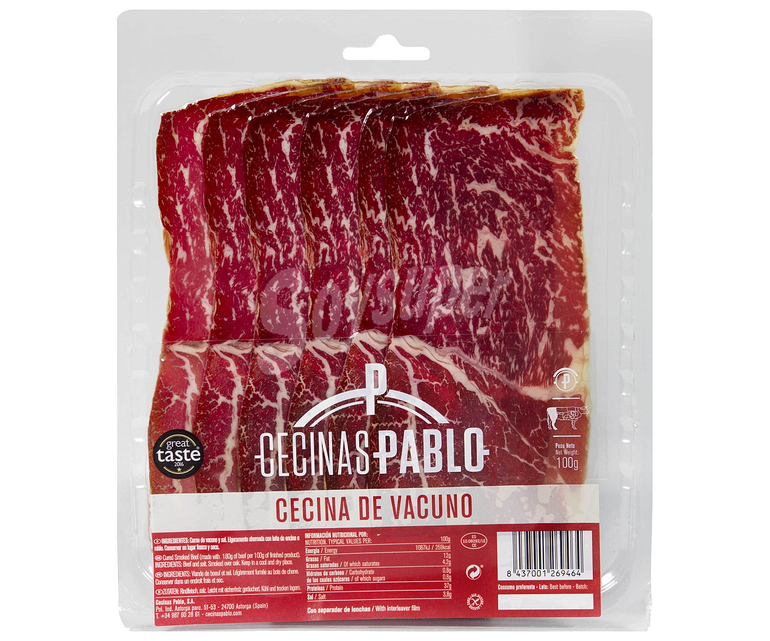 Cecina de vacuno elaborada sin gluten y cortada en lonchas