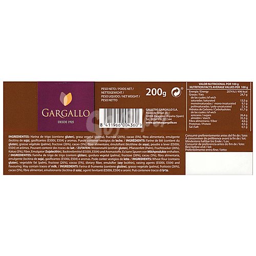 Gargallo Galletas de wafer al caco con fructosa gargallo