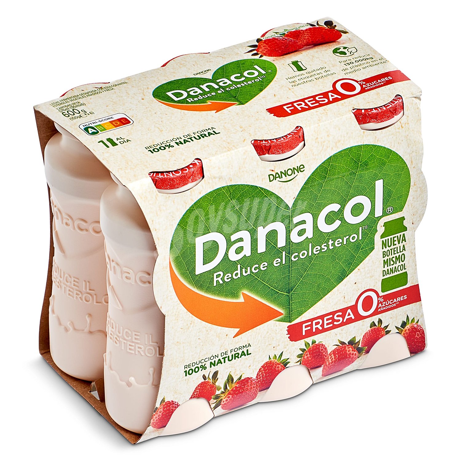 Leche fermentada de fresa sin azúcar añadido Danone Danacol sin gluten