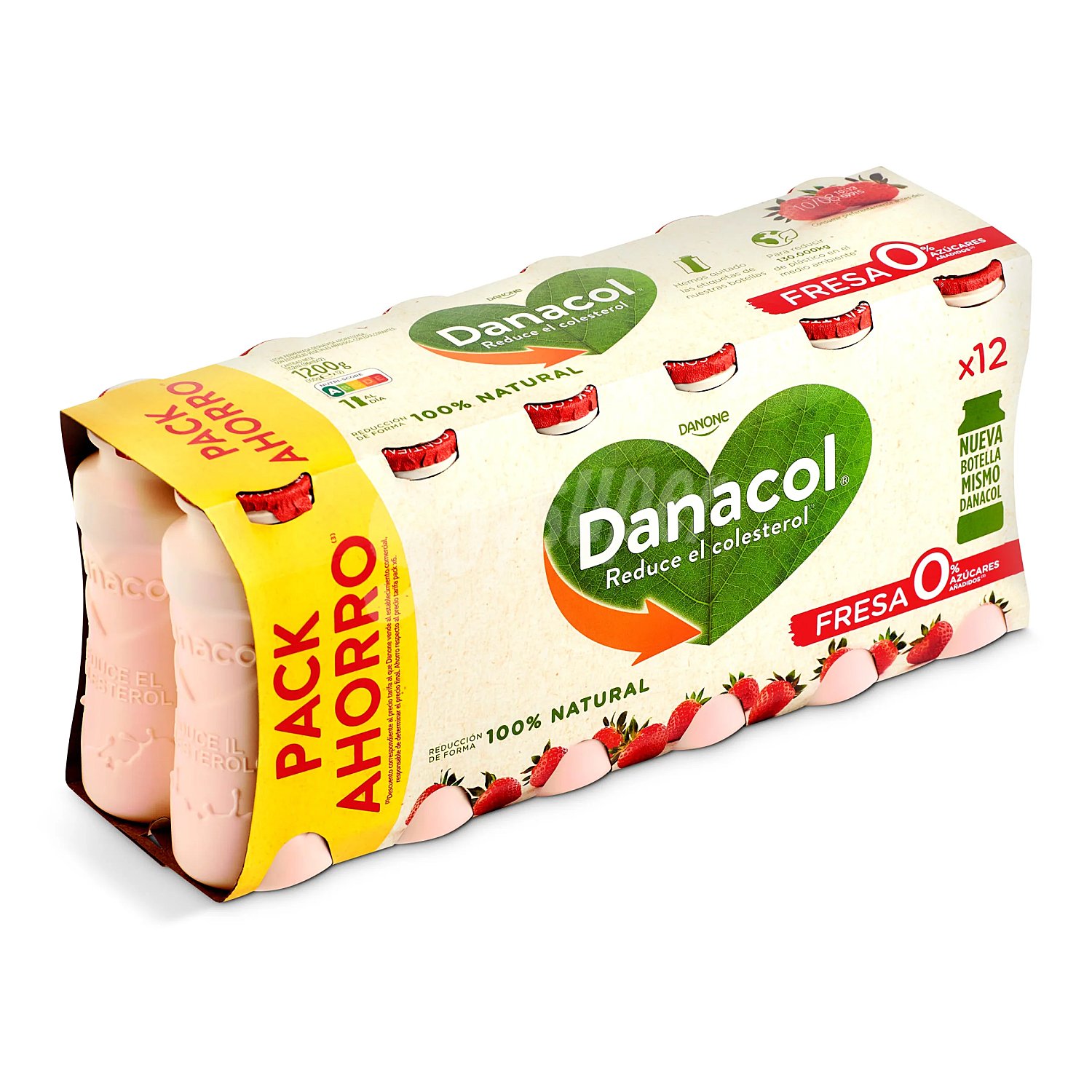 Leche fermentada desnatada con edulcorantes, esteroles vegetales añadidos y sabor a fresa.danacol de Danone