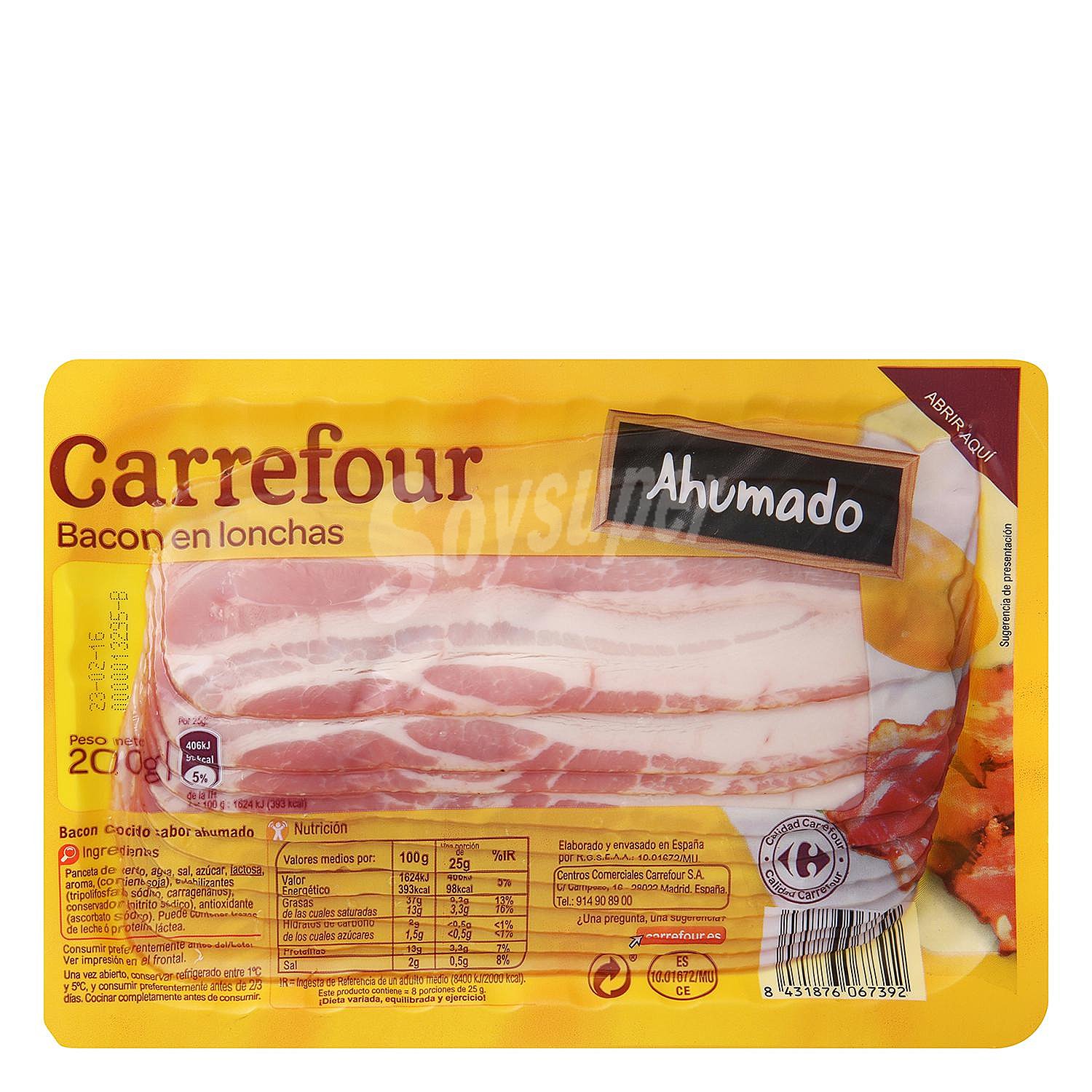 Bacon en lonchas Carrefour sin gluten