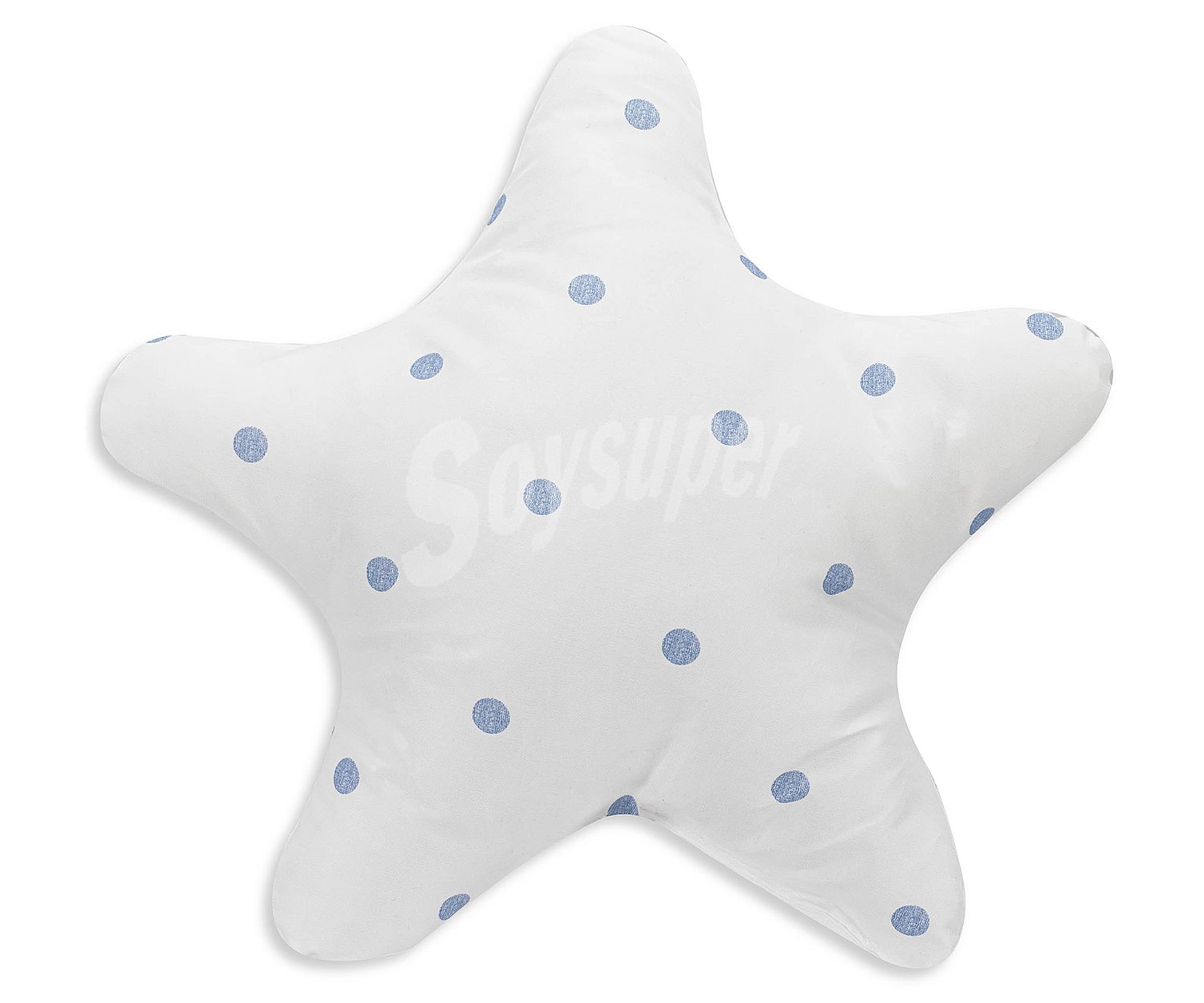 Cojín con forma de estrella, color blanco y azul, pispas.