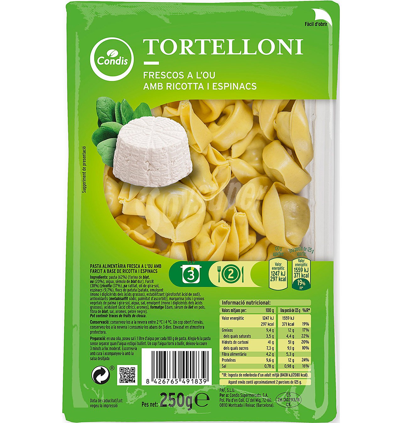 Tortelloni condis riccota y espinacas