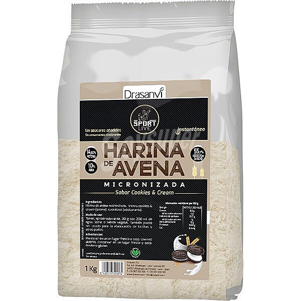 Harina de avena micronizada instantánea sabor cookies and cream sin azúcares añadidos