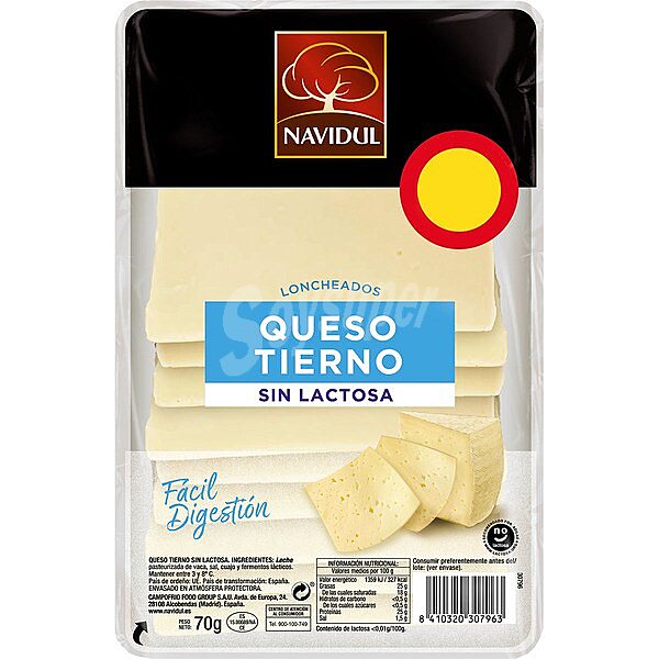 Queso tierno sin lactosa elaborado con leche pasteurizada en lonchas